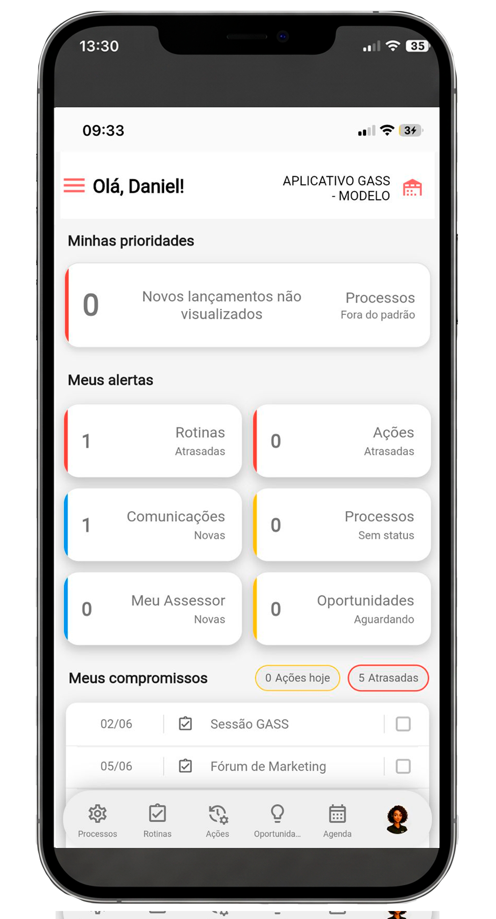 Aplicativo GASS OS — painel de gestão no celular